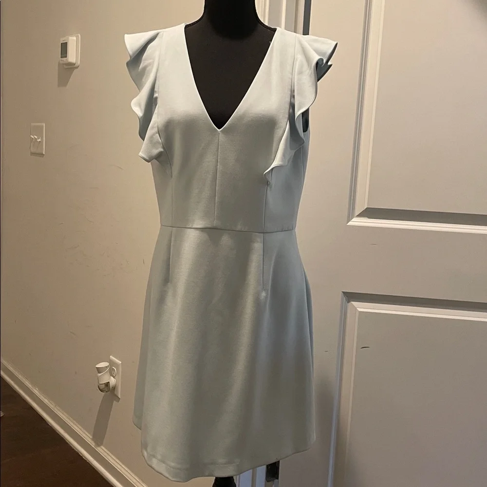 French Connection Whisper Ruffled V-Neck Mini Dress Size 10 Light Blue Wedding - Picture 1 of 13